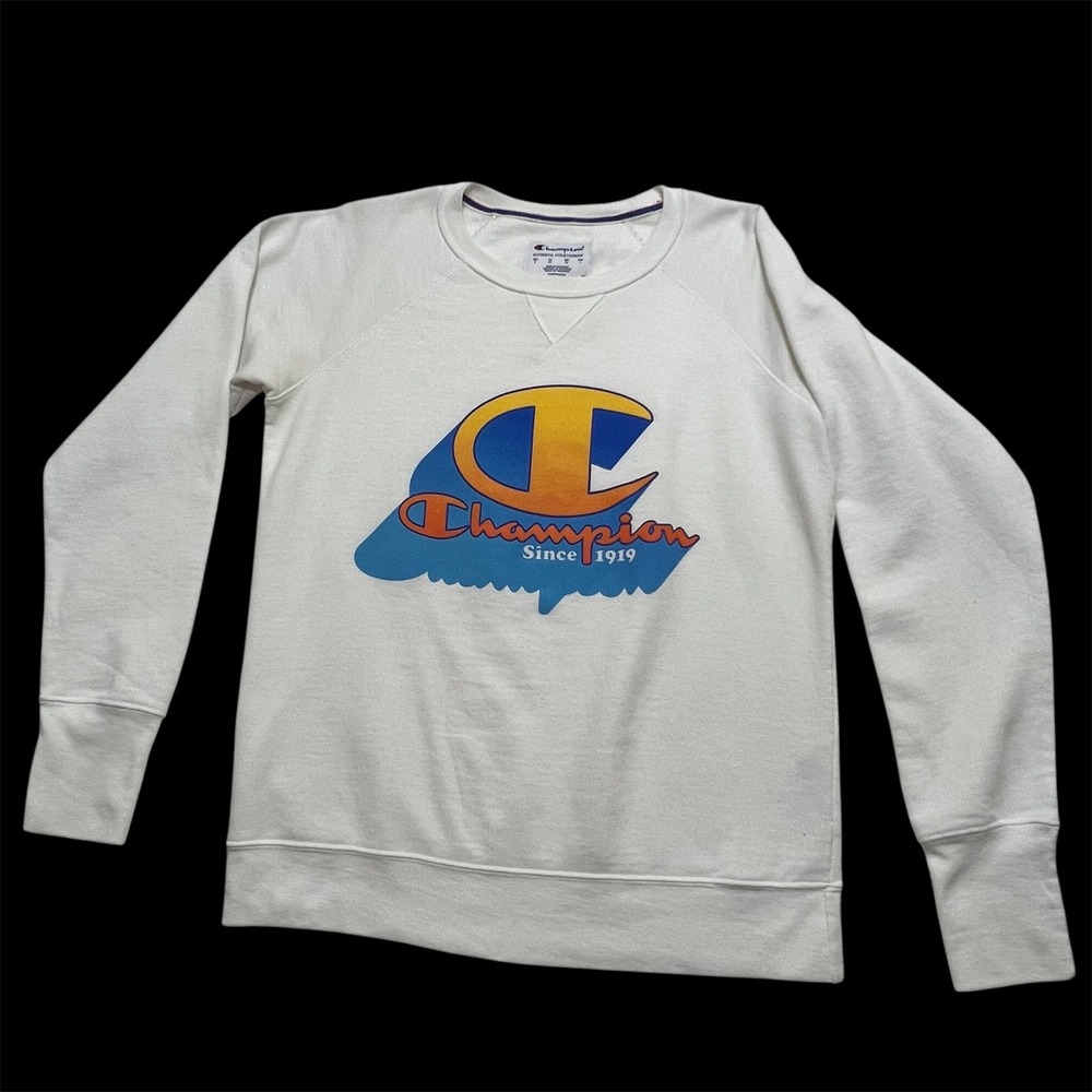 Champion‎ Sweatshirt Mens Small White Crew Neck Pullover Graphic Logo Vintage